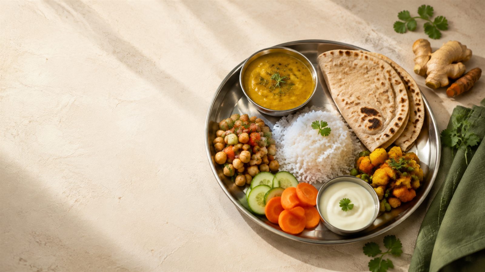 A steel thali of dal, rice, chapati, chana, sabzi, curd and fresh salad